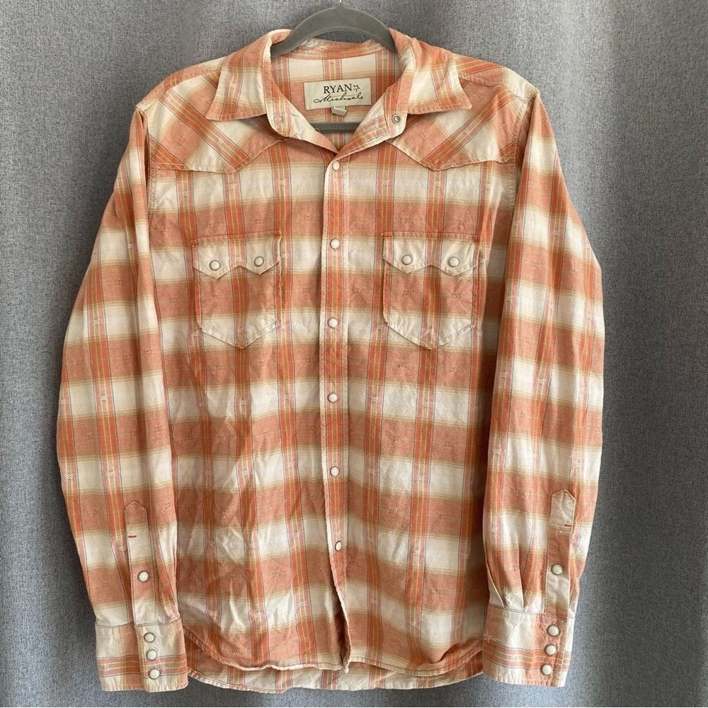 Ryan Michael Orange Plaid Western Pearl Snap Shirt M